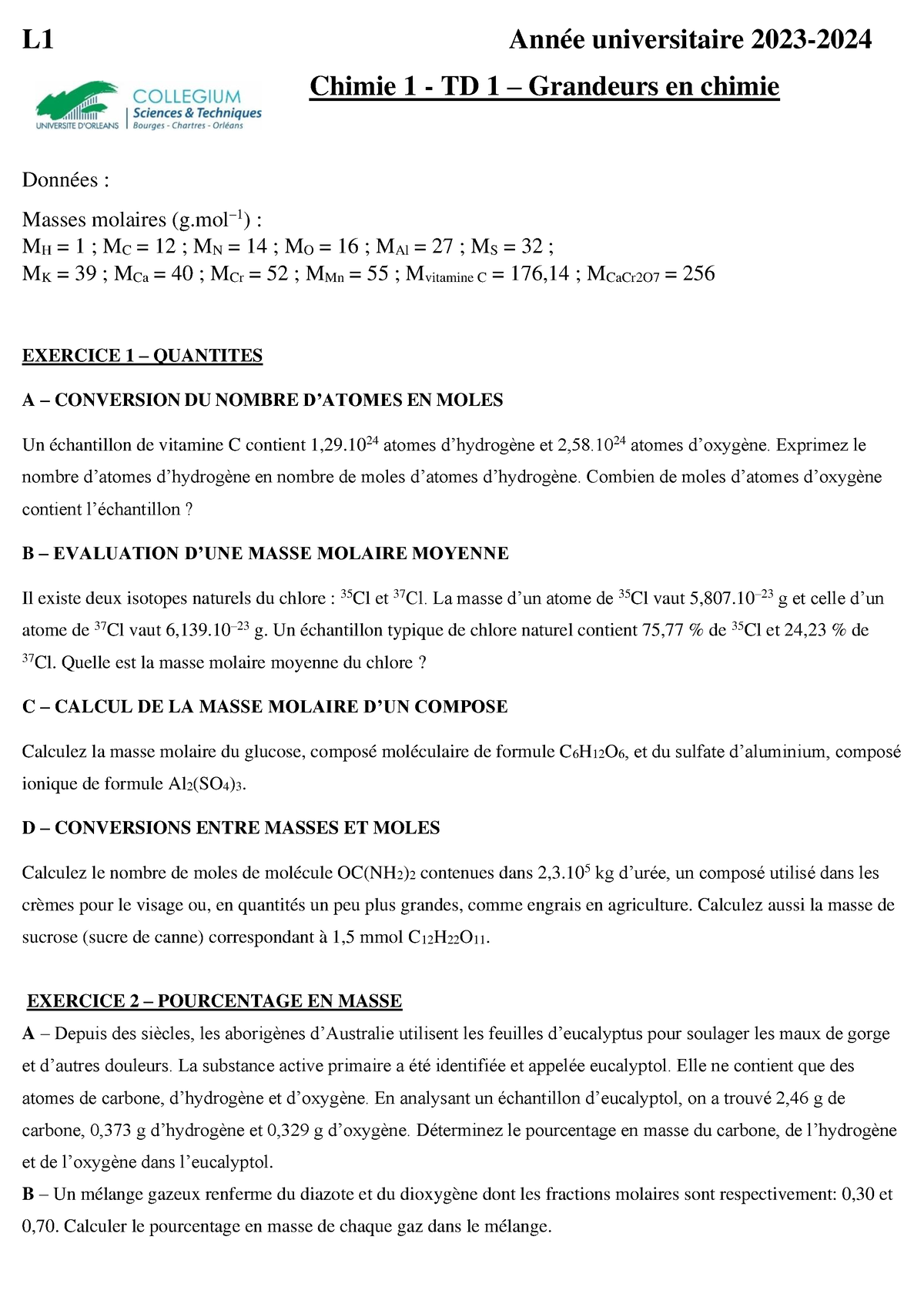 TD1 AtomistiqueEnoncé 2023 2024 L1 Année universitaire 2023 Chimie