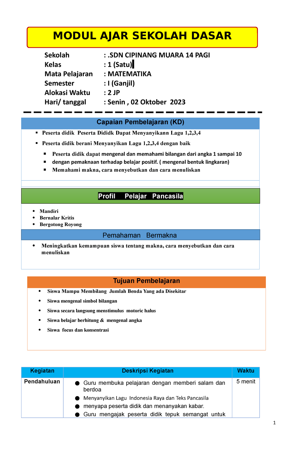 Modul AJAR Supervisi Kelas 1 - Sekolah : .SDN CIPINANG MUARA 14 PAGI ...