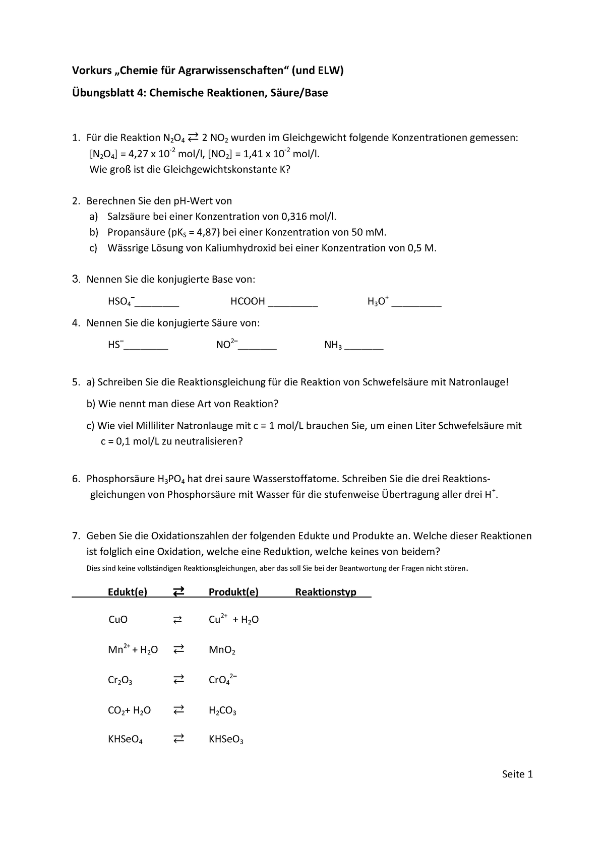 Vorkurs 2021 Aufgabenblatt 4 Chemische Reaktionen, Saeure Base - Seite ...