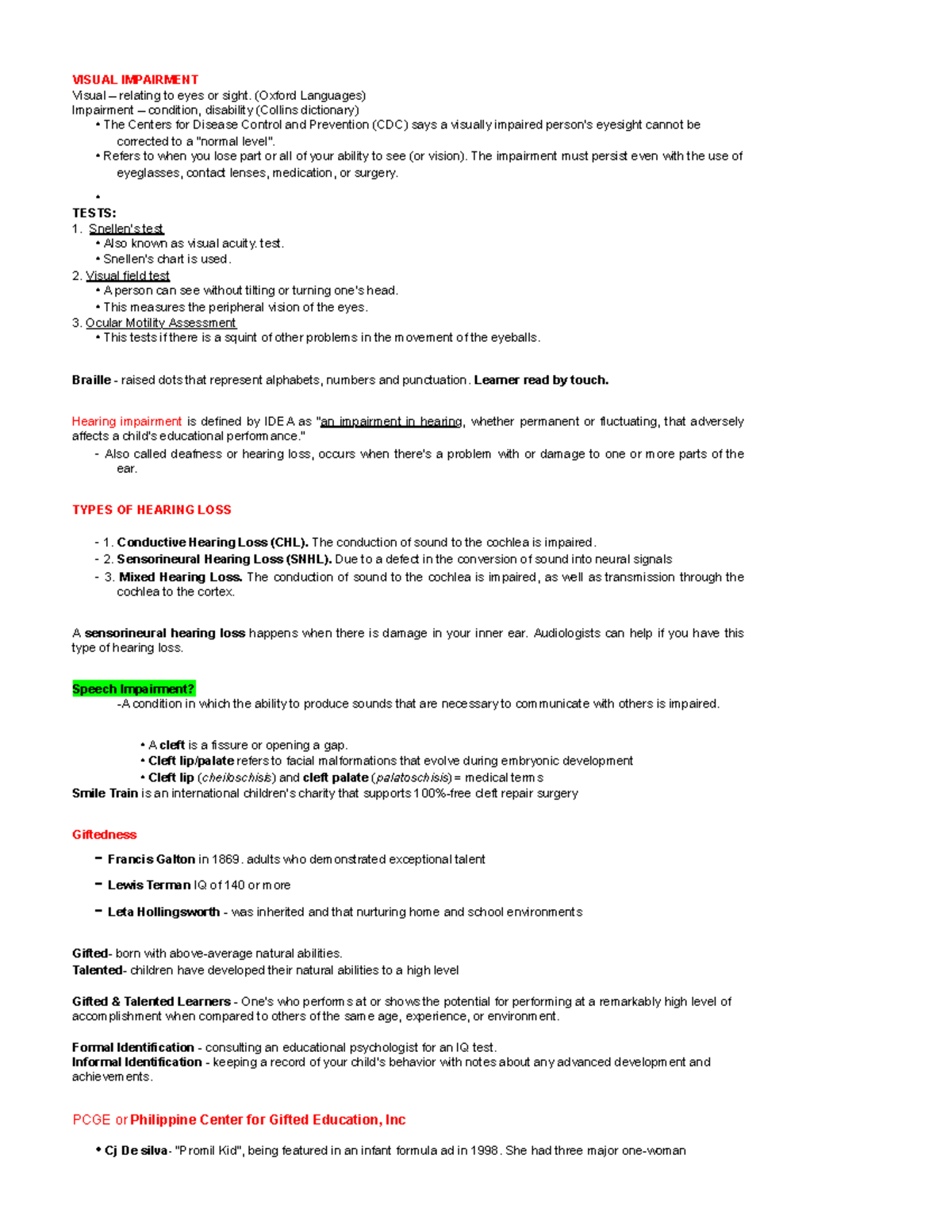 Sped - Special development - VISUAL IMPAIRMENT Visual – relating to ...