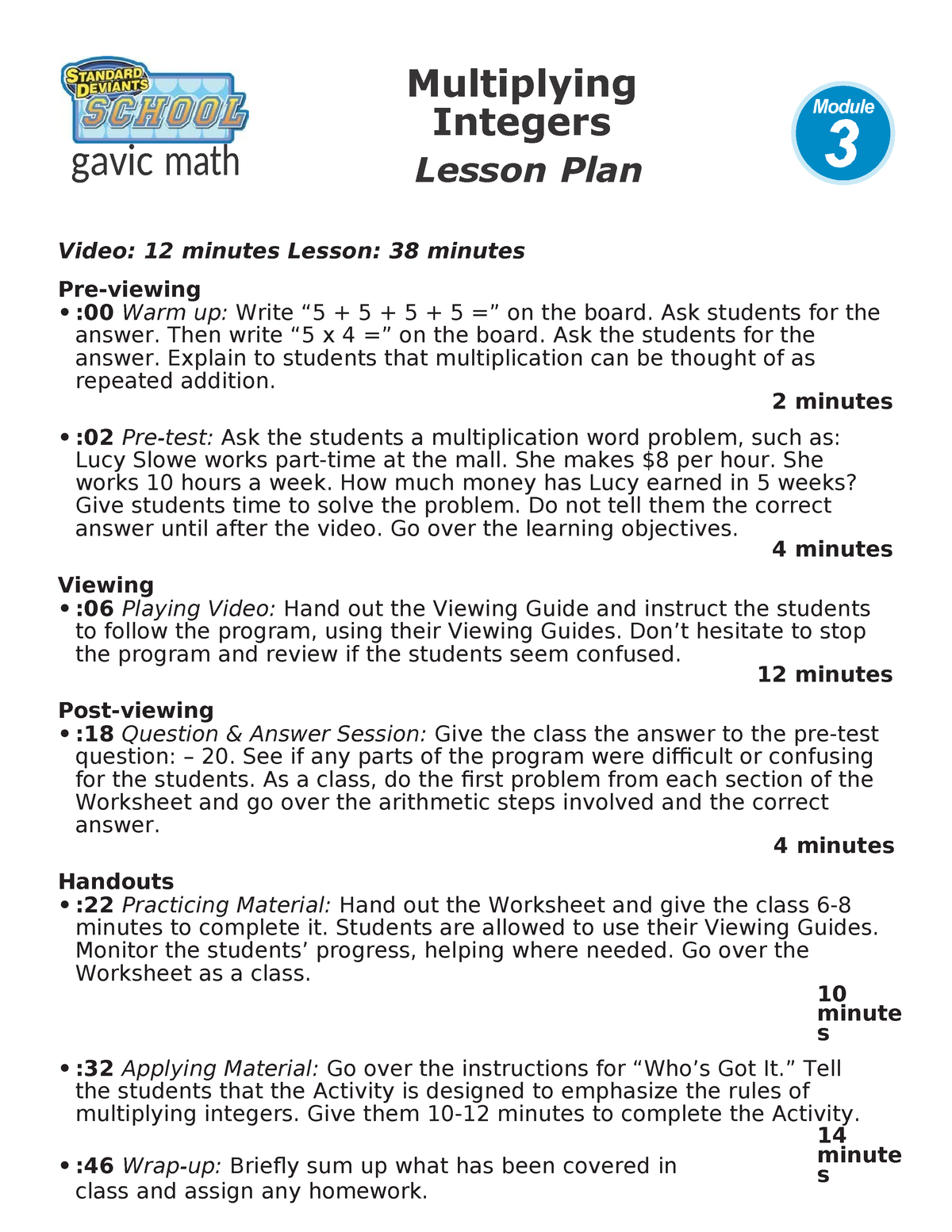 Ss Multiplying Integers. Lesson Plan - gavic math Integers Lesson Plan ...