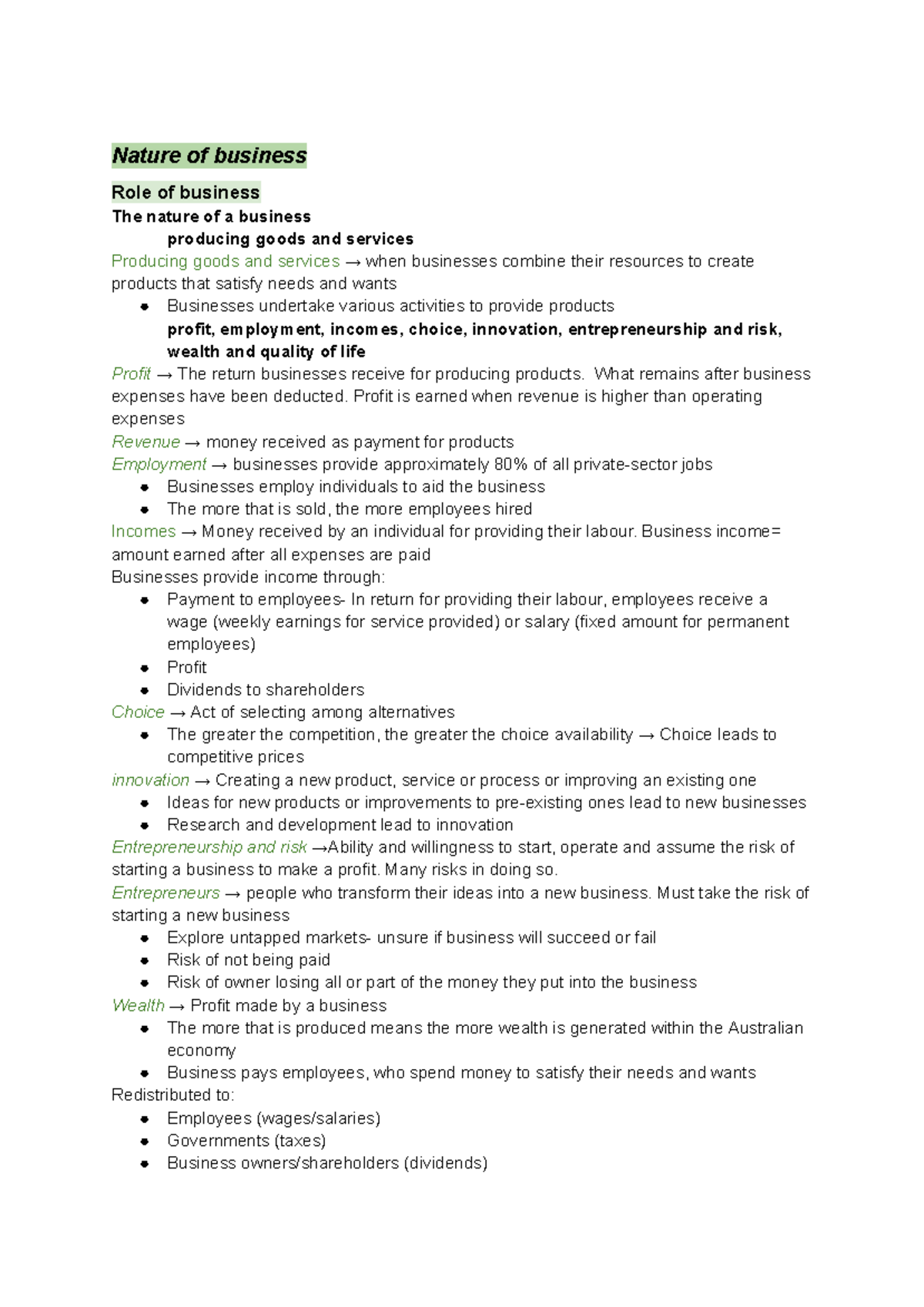 Business studies yr 11 notes - Google Docs - Nature of business Role of ...
