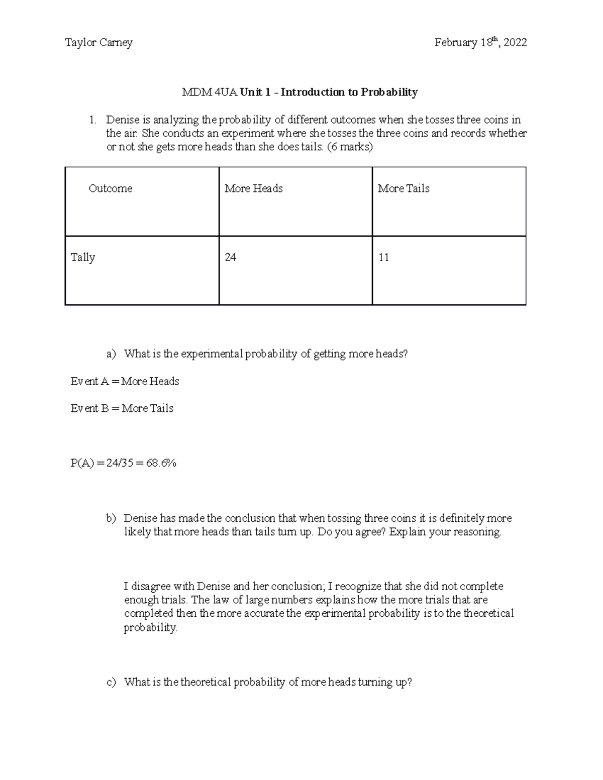 Unit test 1 - practice - MDM 4UA Unit 1 - Introduction to Probability ...