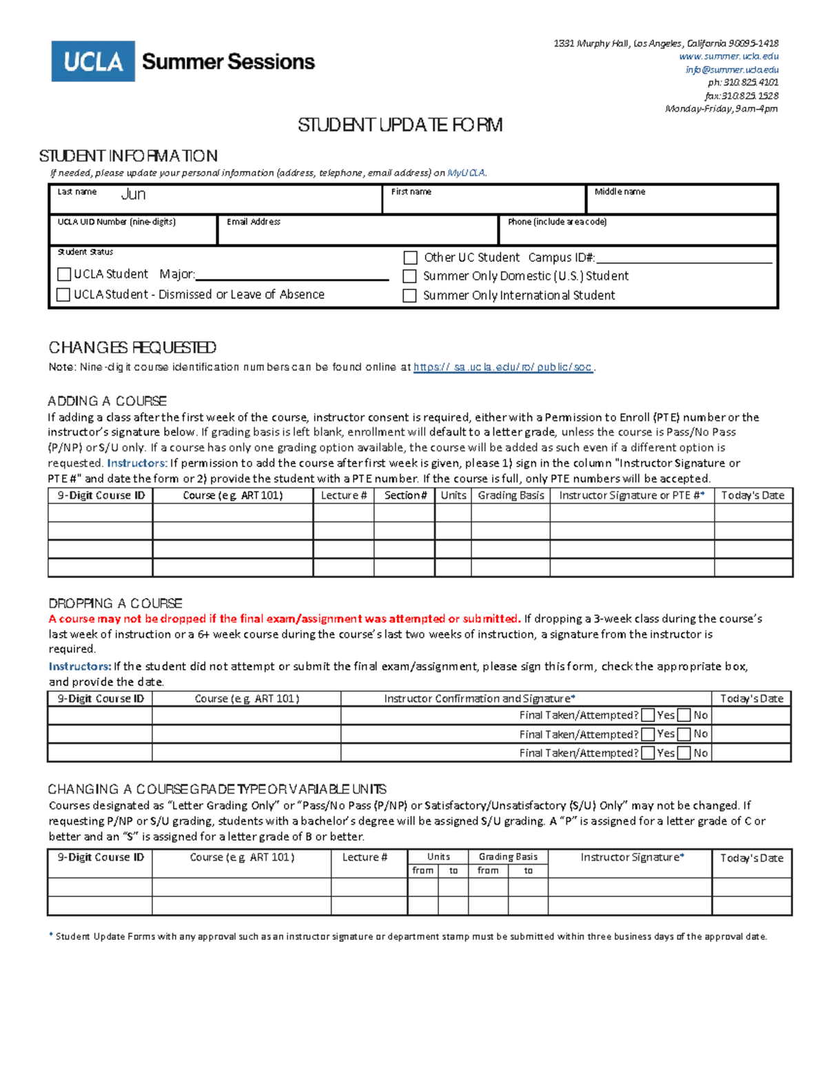 Student Update Form - 13 31 Murphy Hall, Los Angeles, California 90095 ...