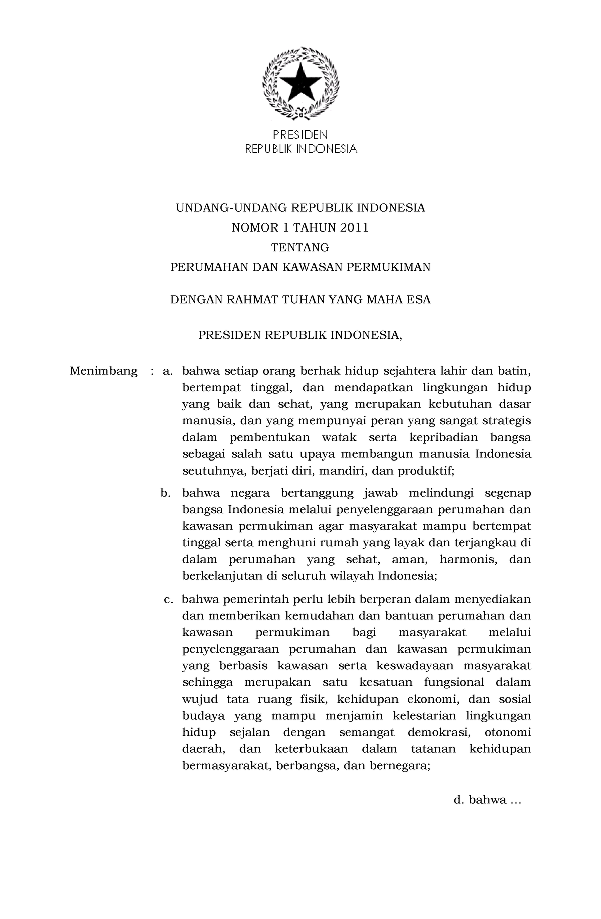 UU 1 Tahun 2011 - Undang Undang - UNDANG-UNDANG REPUBLIK INDONESIA ...