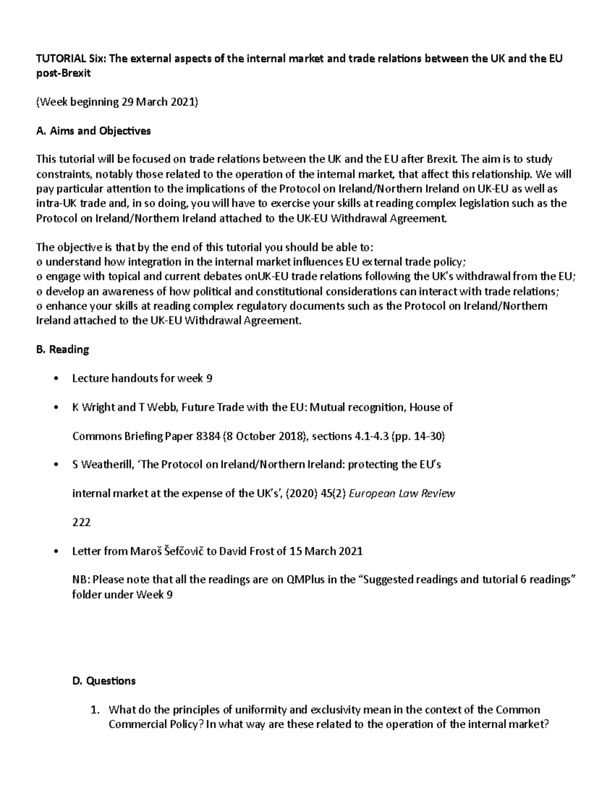 Tutorial Six- The external aspects of the internal market and trade ...