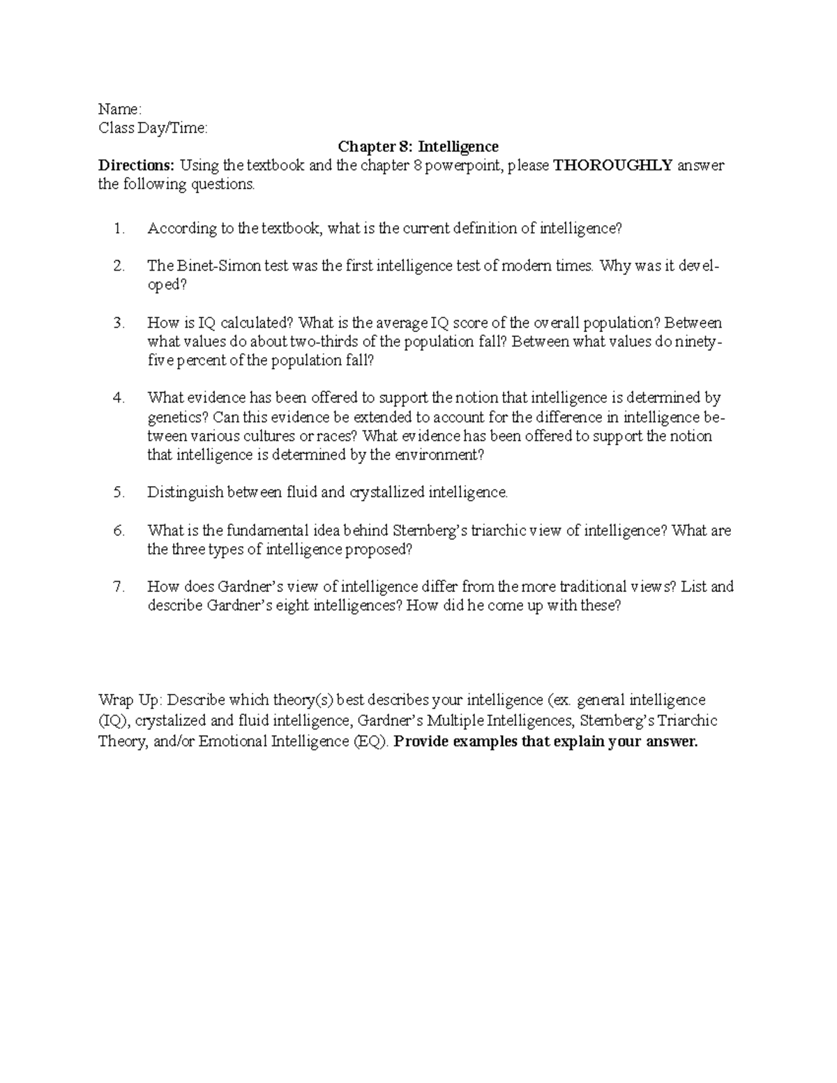 Intelligence Worksheet psycology and activities - Name: Class Day/Time ...