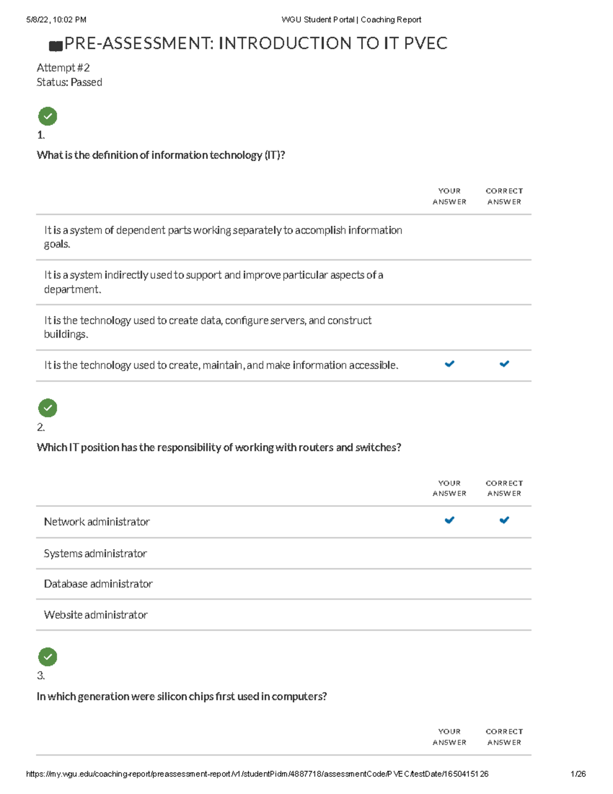 WGU Student Portal Coaching Report - PRE-ASSESSMENT: INTRODUCTION TO IT ...