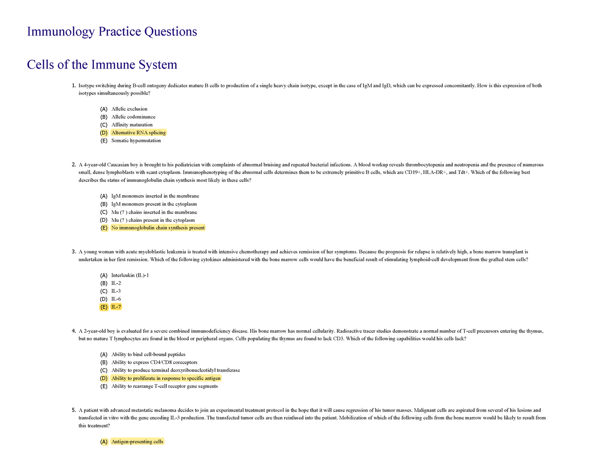 Usmle giusto - aaaaaaaaaaaaaaa - Immunology Practice Questions Cells of Sns-Brigh10