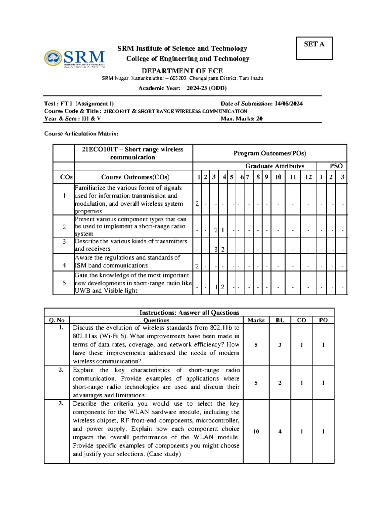 21ECO101T - Assignment I Set A - SRM Institute of Science and ...
