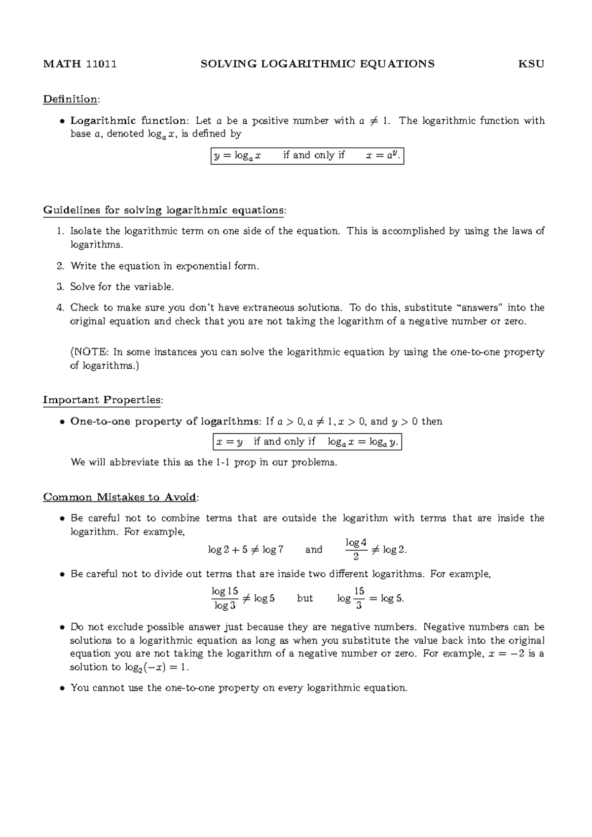 Solving logarithmic equations - MATH 11011 SOLVING LOGARITHMIC ...