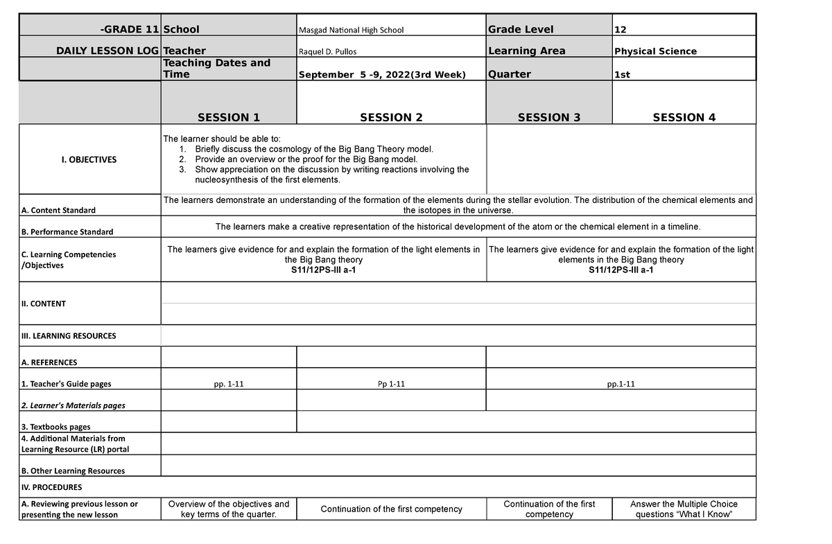 DLL Physical Science 3rdweek -GRADE 11 School Masgad National High ...