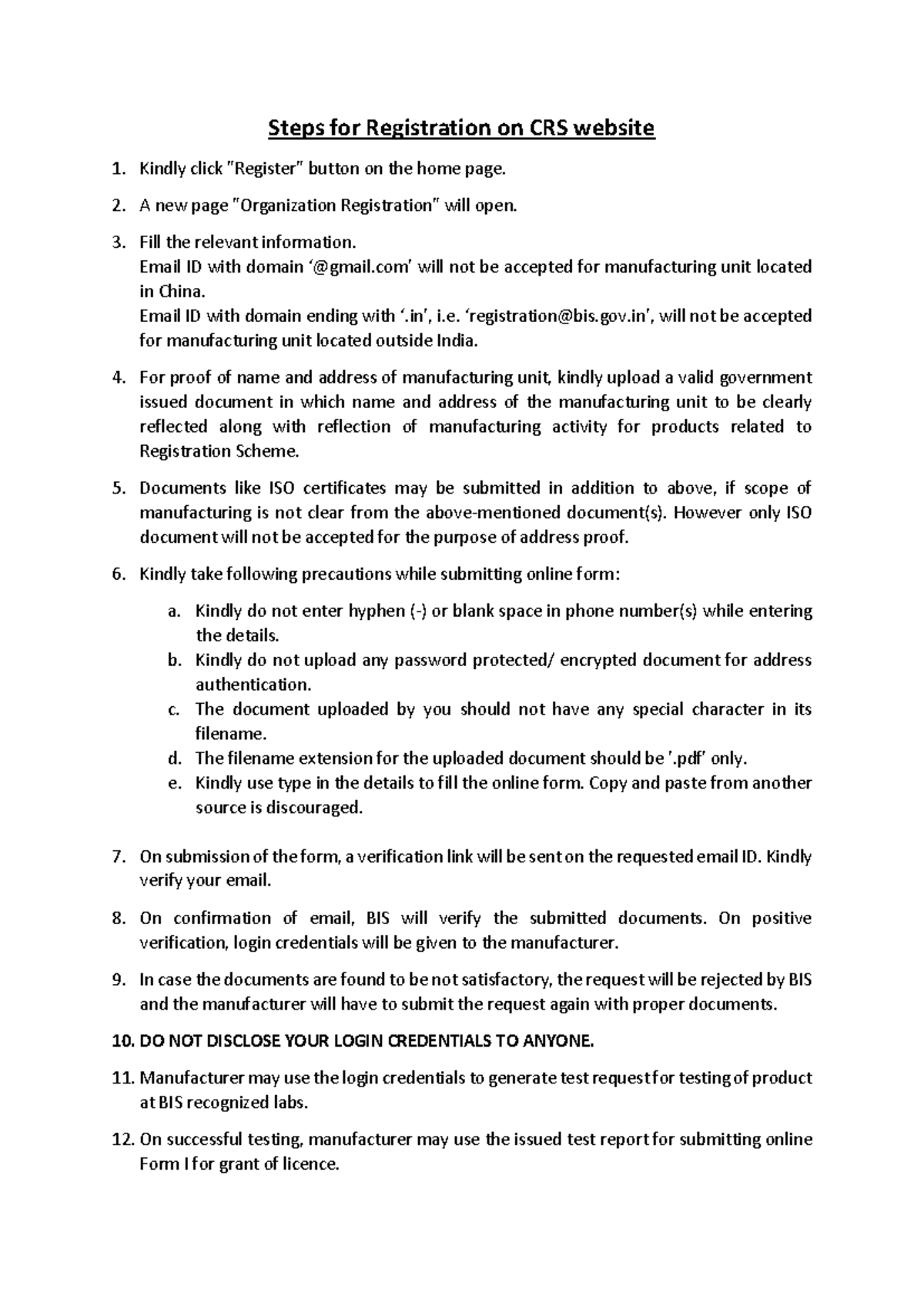 Steps for Registration on BIS - A new page 