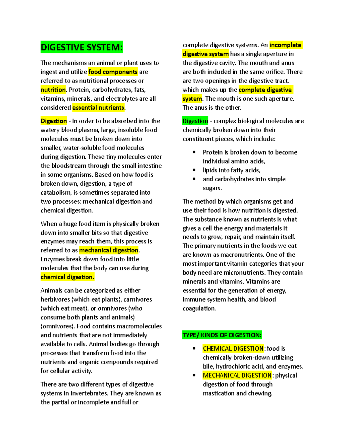 Notes on the Digestive System of Animals DIGESTIVE SYSTEM The