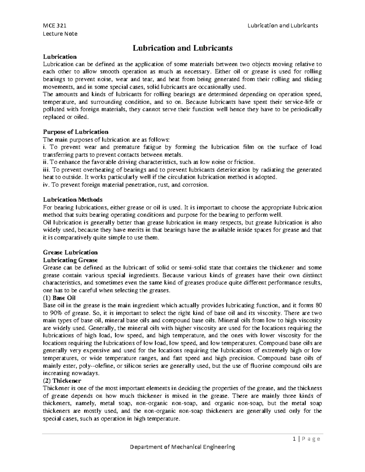 Lubrication and Lubricants Lecture Note 1 P a g e Lubrication and
