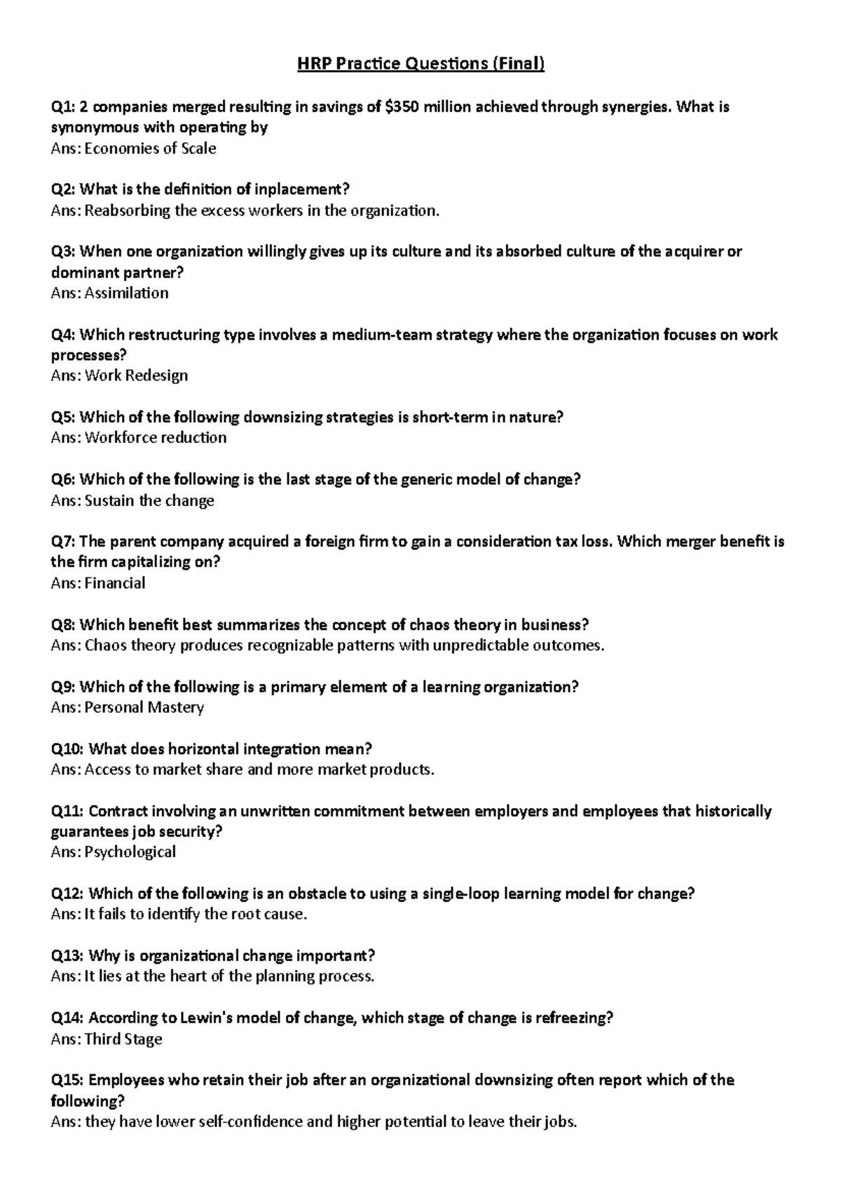 HRP Practice Questions (Final) - What is synonymous with operating by ...
