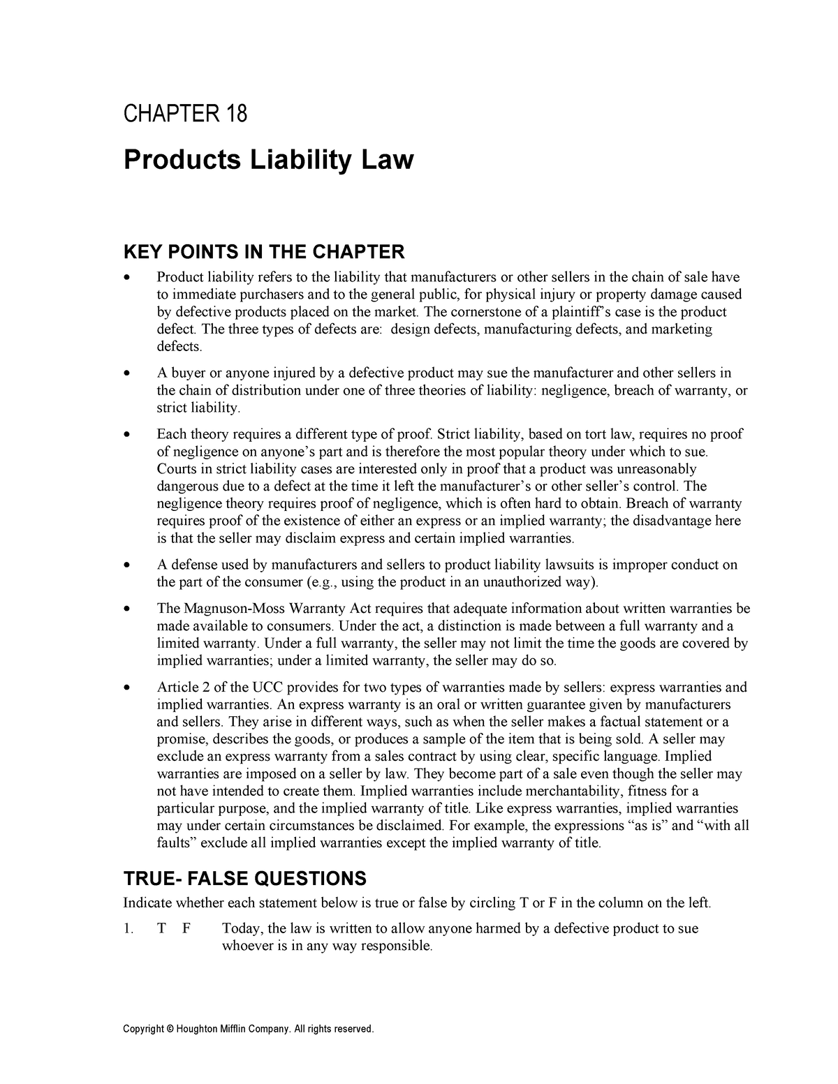 goldman-sg-28-business-law-chapter-18-products-liability-law-key