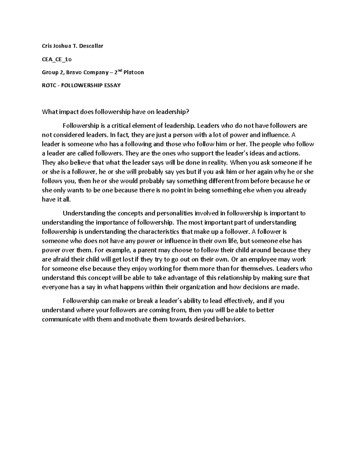 Descallar CE 1o - Followership Essay - Cris Joshua T. Descallar CEA_CE ...