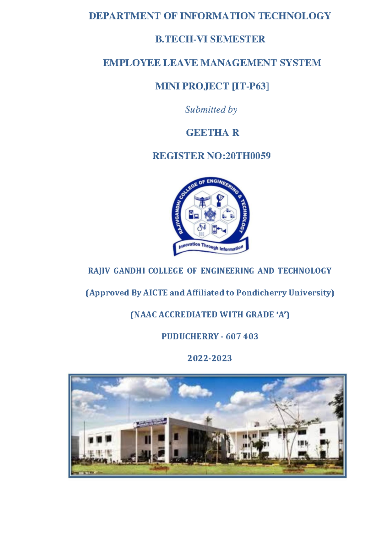 mini project report model - RAJIV GANDHI COLLEGE OF ENGINEERING AND ...