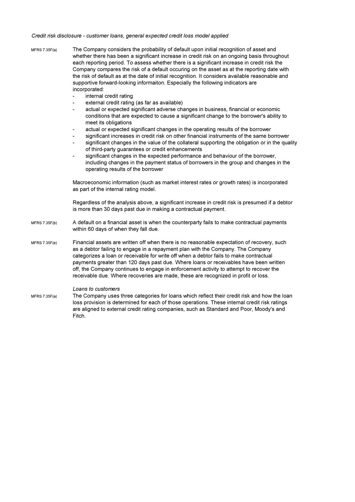 Sample Disclosures For Mfrs9 - Credit Risk Disclosure - Customer Loans 