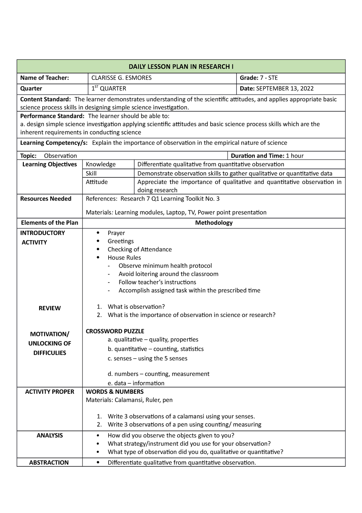 LP 7-STE Research - notes - DAILY LESSON PLAN IN RESEARCH I Name of ...