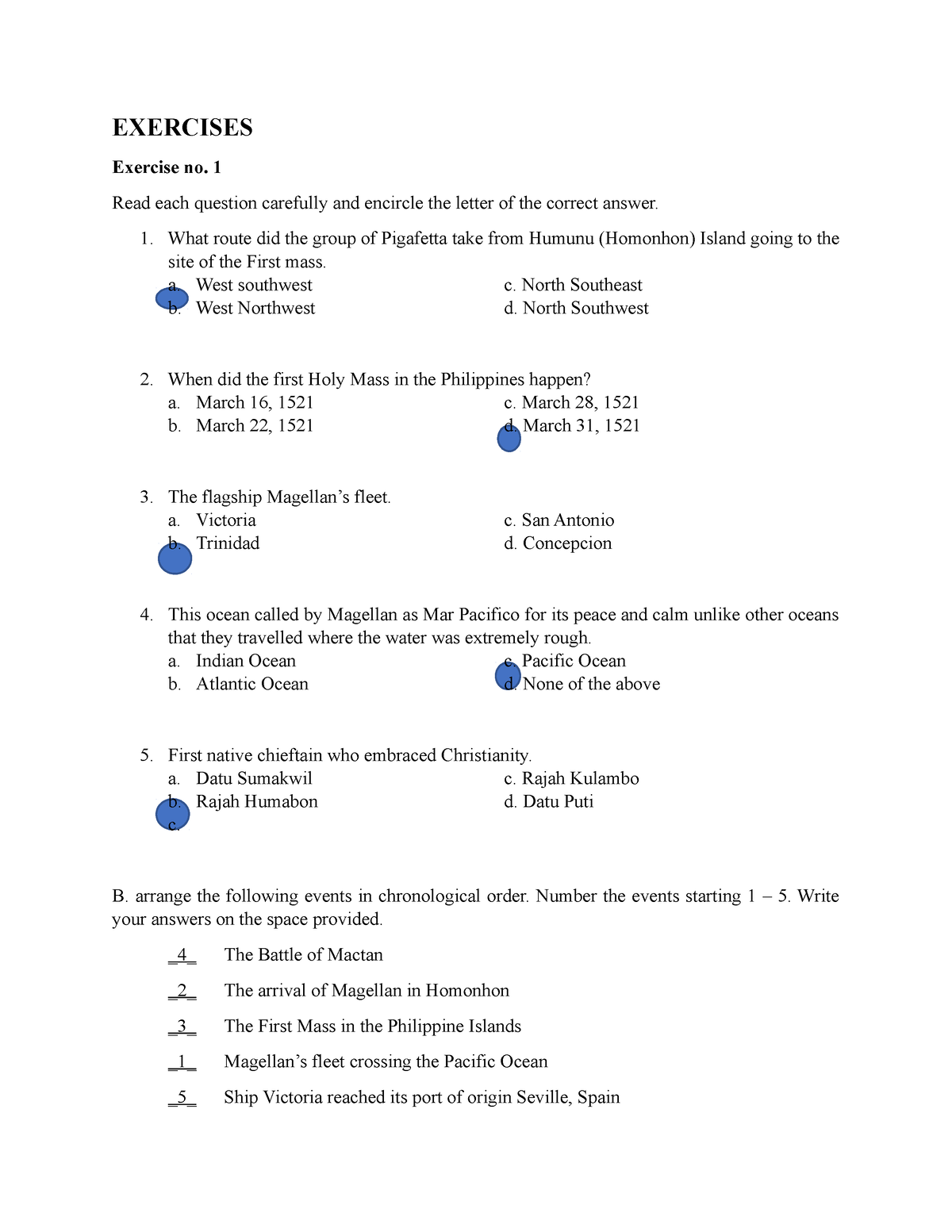 Chapter 3 Exercises 1,2,3 - EXERCISES Exercise No. 1 Read Each Question ...