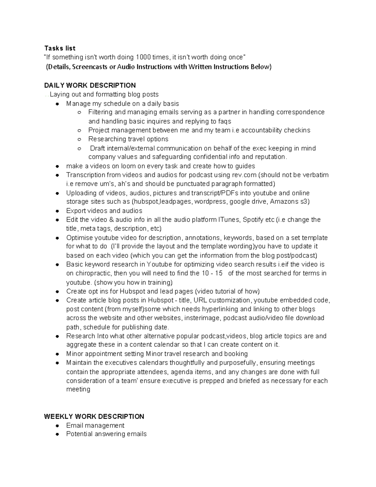 Task list for Virtual Assistant Description - Management - Studocu