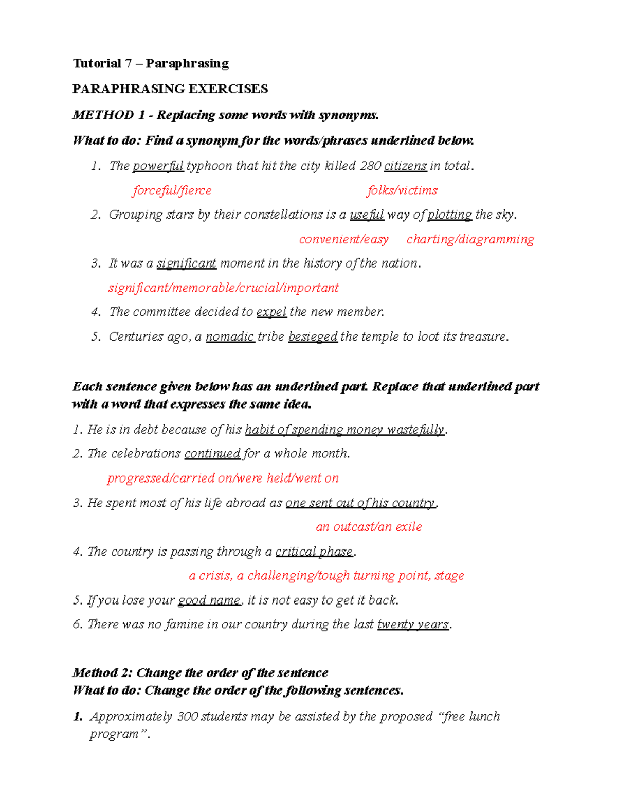 English Synonym - Tutorial 7 – Paraphrasing PARAPHRASING EXERCISES ...