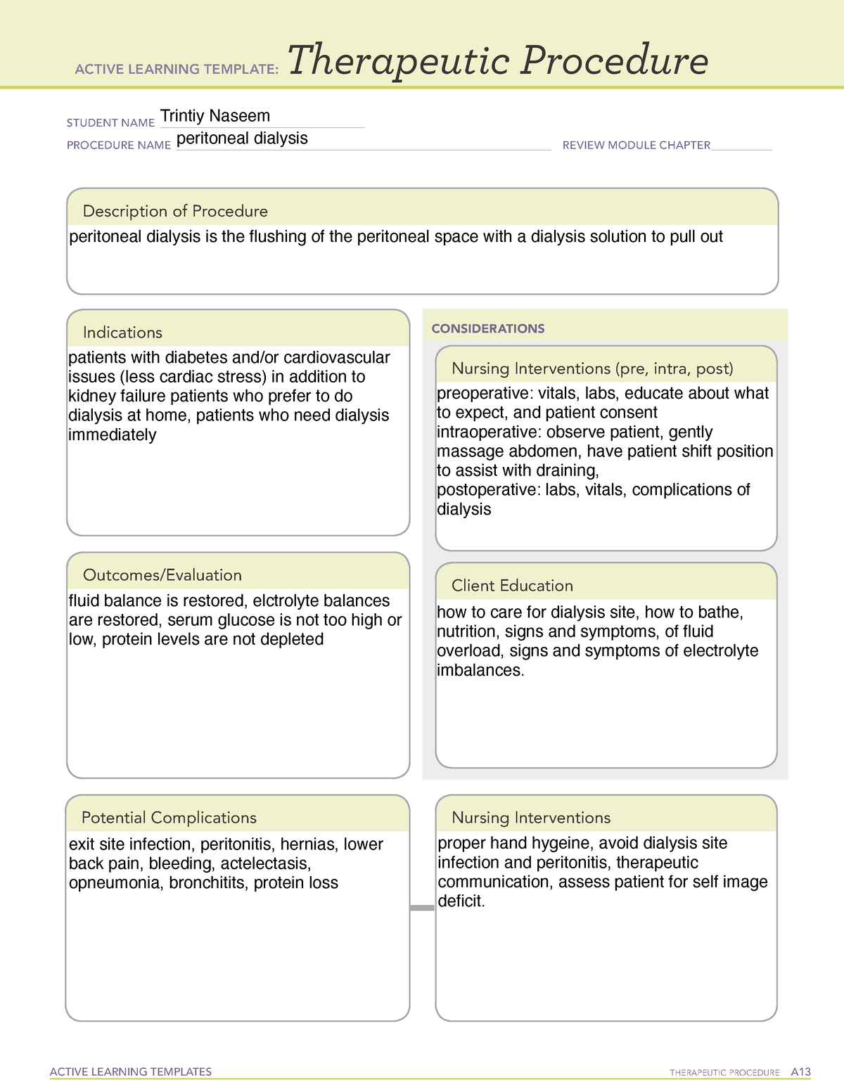 Peritoneal dialysis therapeutic procedure ACTIVE LEARNING TEMPLATES