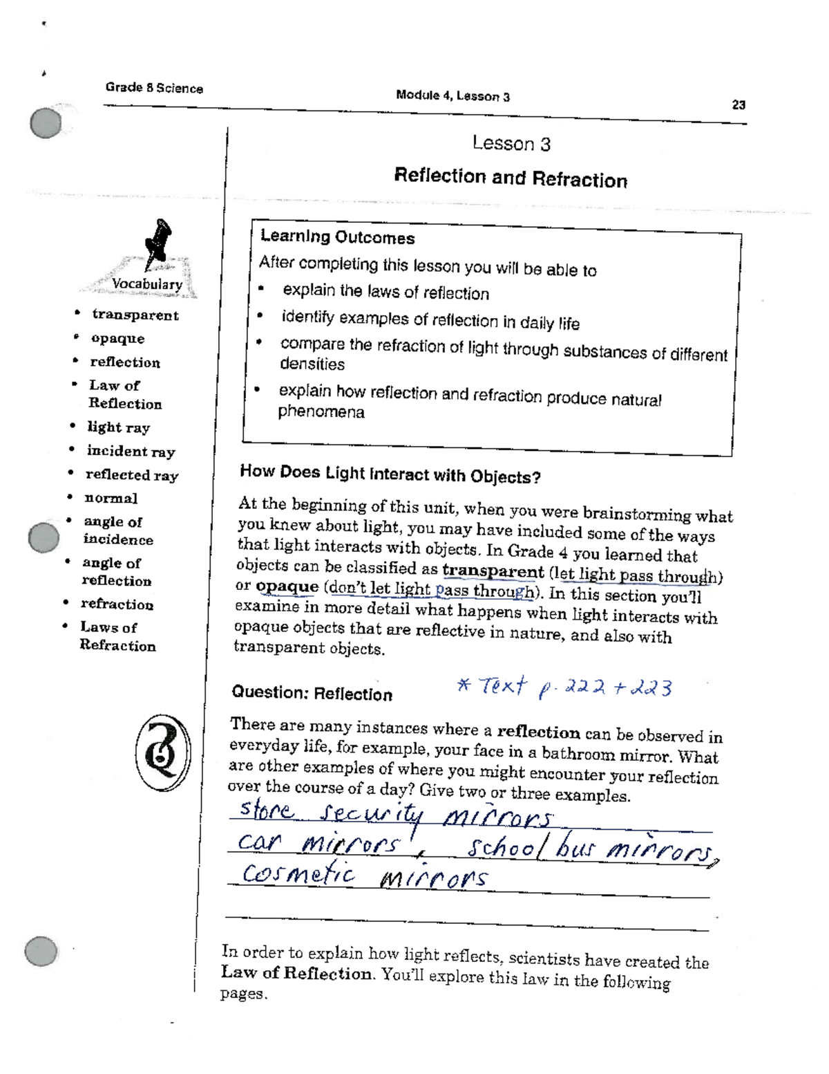 S8 Reflection + Refraction Booklet Answers - Science, Technology and ...