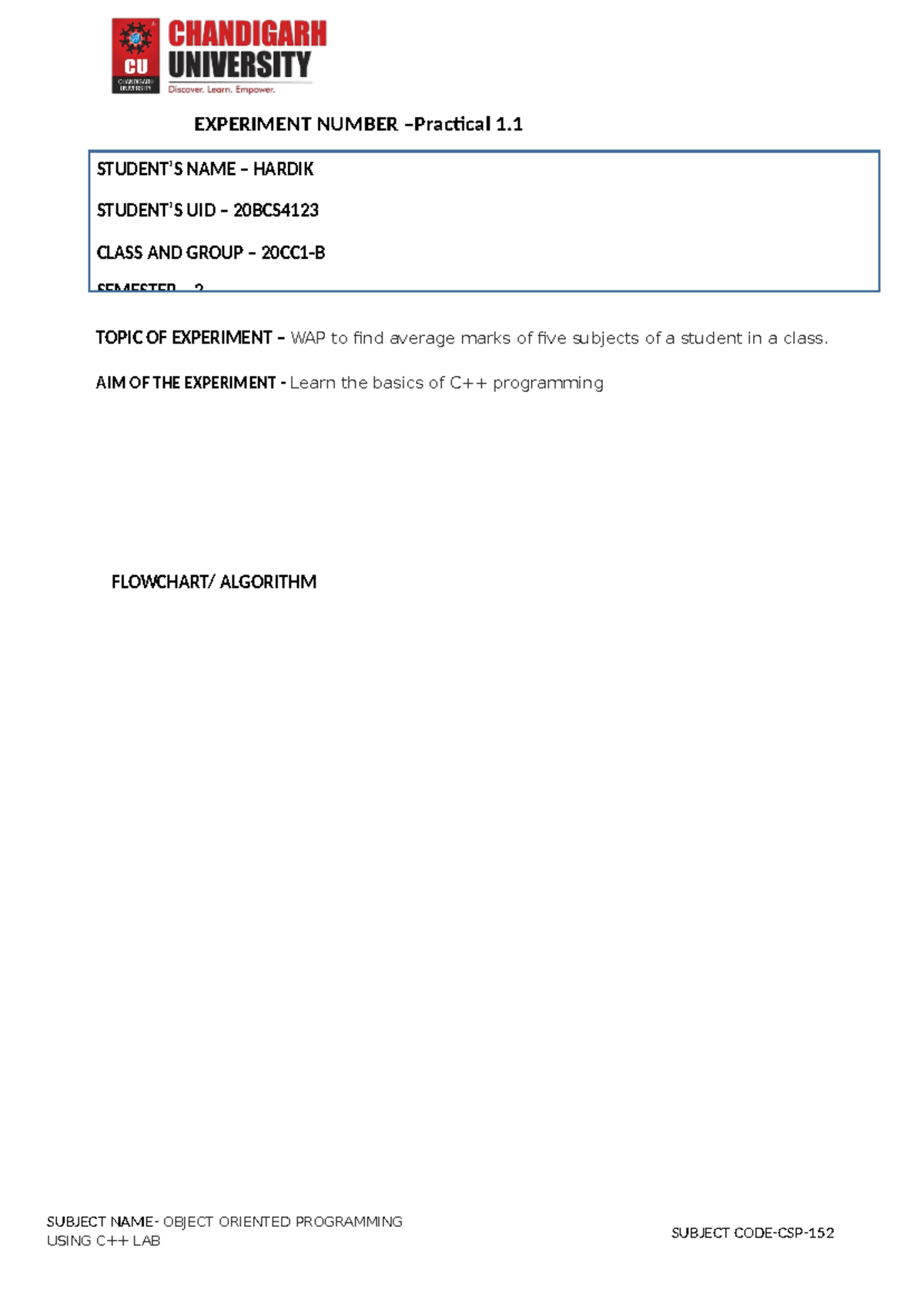 Worksheet for Practical C++ Programming - SUBJECT NAME- OBJECT ORIENTED ...