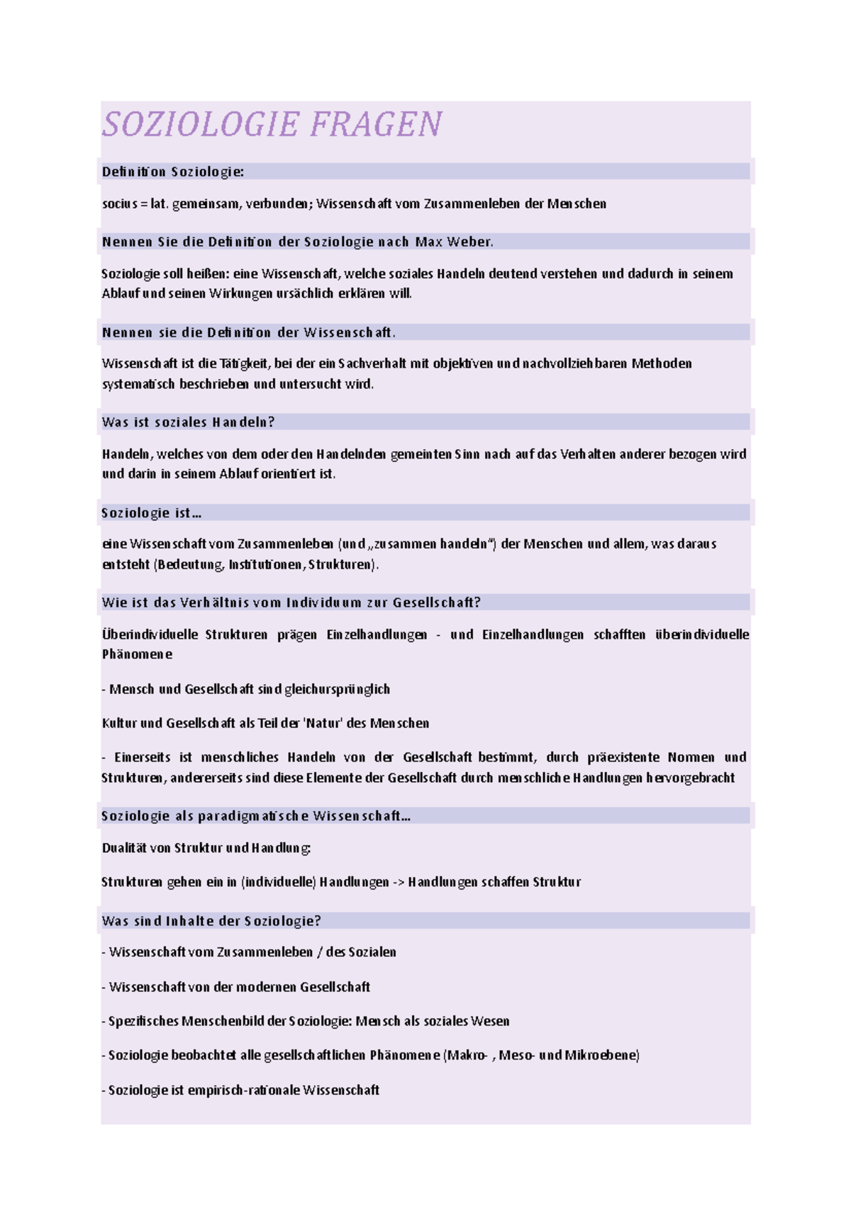 Prüfungsvorbereitung Fragen - SOZIOLOGIE FRAGEN Definition Soziologie ...