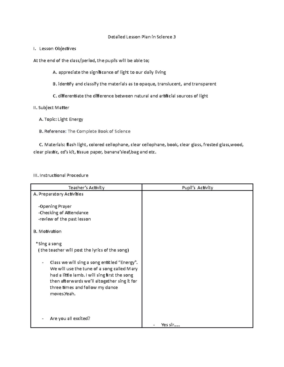 Science 3 Detailed Lesson Plan - Detailed Lesson Plan In Science 3 I 