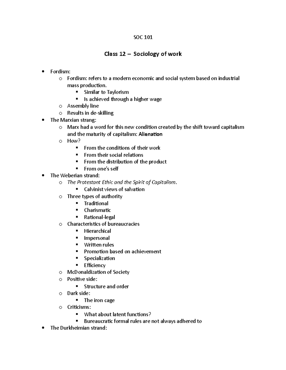 SOC 101 Class 12 - Lecture notes 12 - SOC 101 Class 12 Sociology of ...