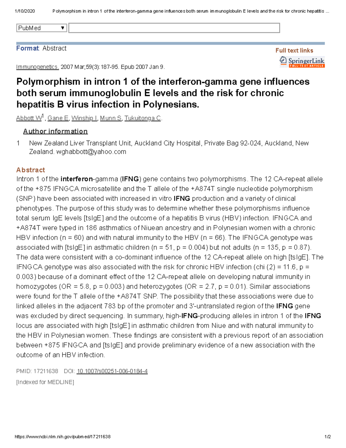 Polymorphism in intron 1 of the interferon-gamma gene influences both ...