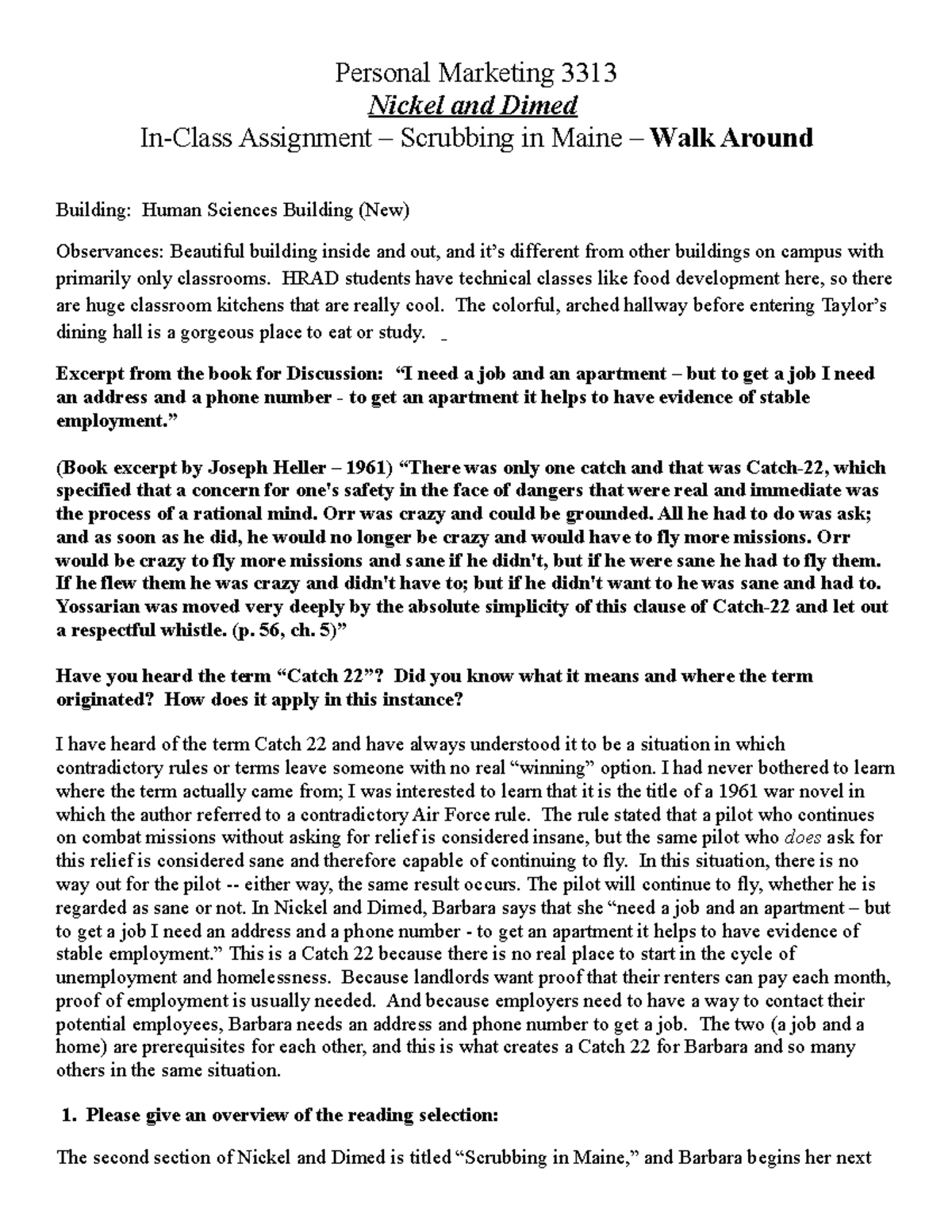 Nickel and Dimed Pt 2 Assignment Walkaround Personal Marketing 3313