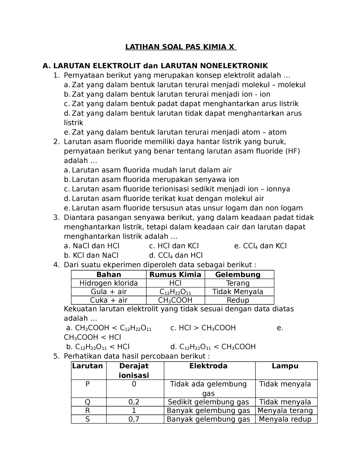 Latihan SOAL PAS Kimia - LATIHAN SOAL PAS KIMIA X A. LARUTAN ELEKTROLIT ...