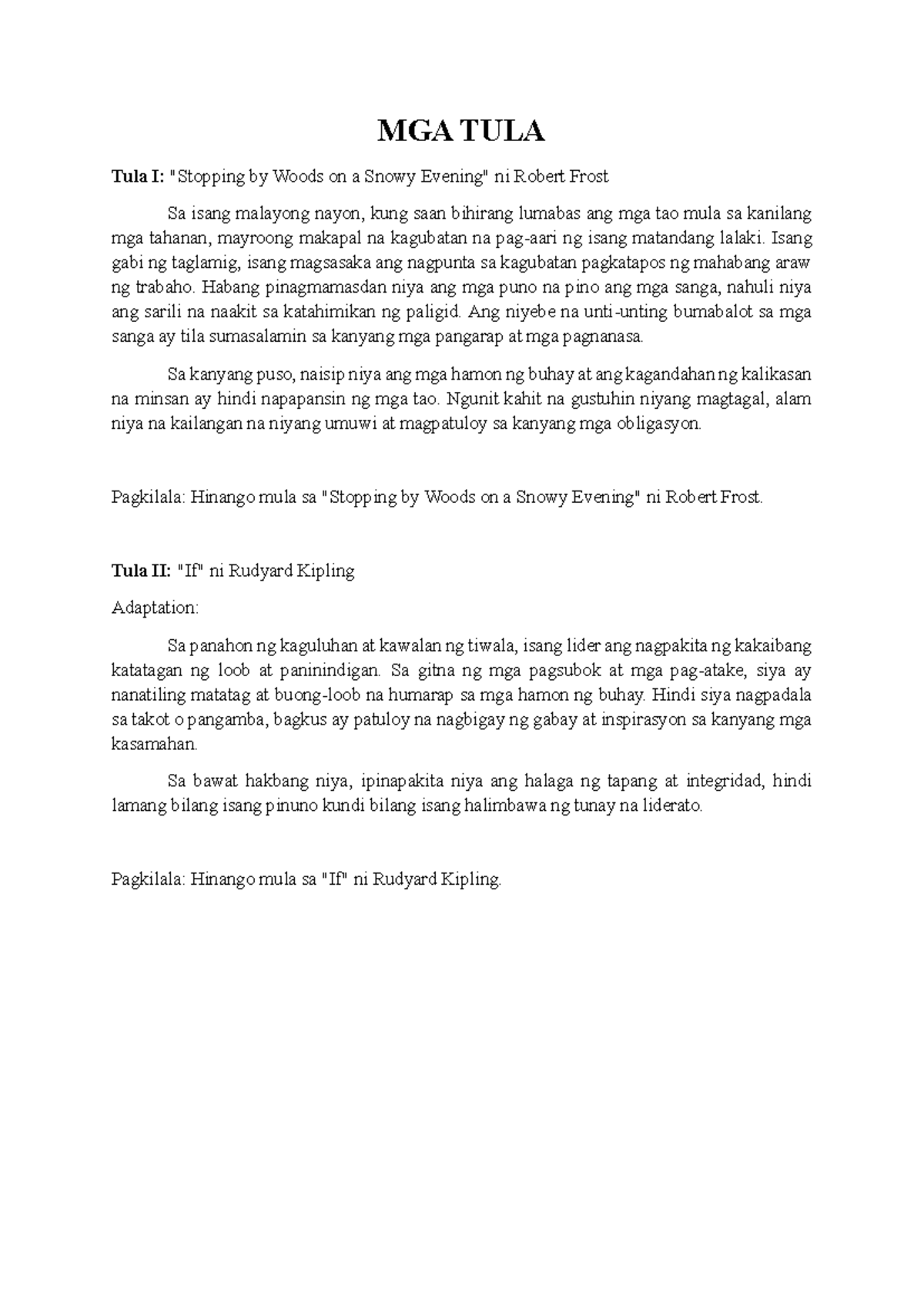 Final Output Pagsasalin - MGA TULA Tula I: 