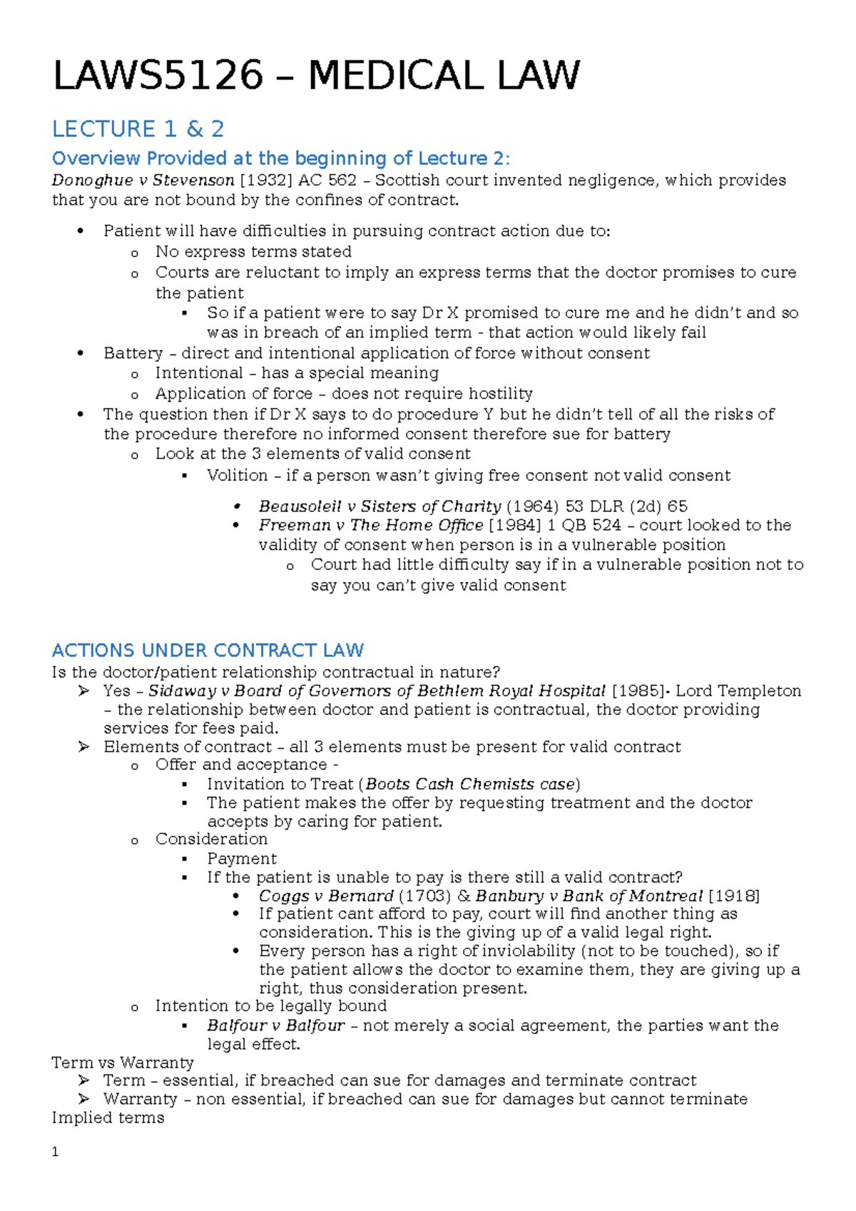 Lecture notes week 1-13 - LAWS5126 – MEDICAL LAW LECTURE 1 & 2 Overview ...