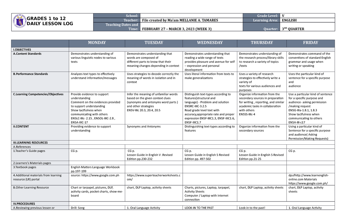 DLL English 5 Q3 W3 - GRADES 1 To 12 DAILY LESSON LOG School: Grade ...