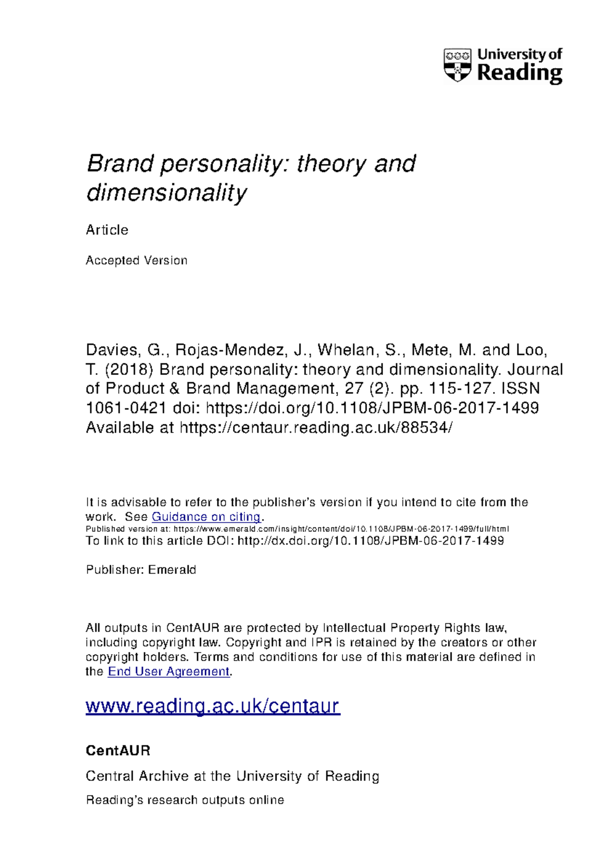 Brand personality JPBM prefinal - Brandpersonality:theoryand ...