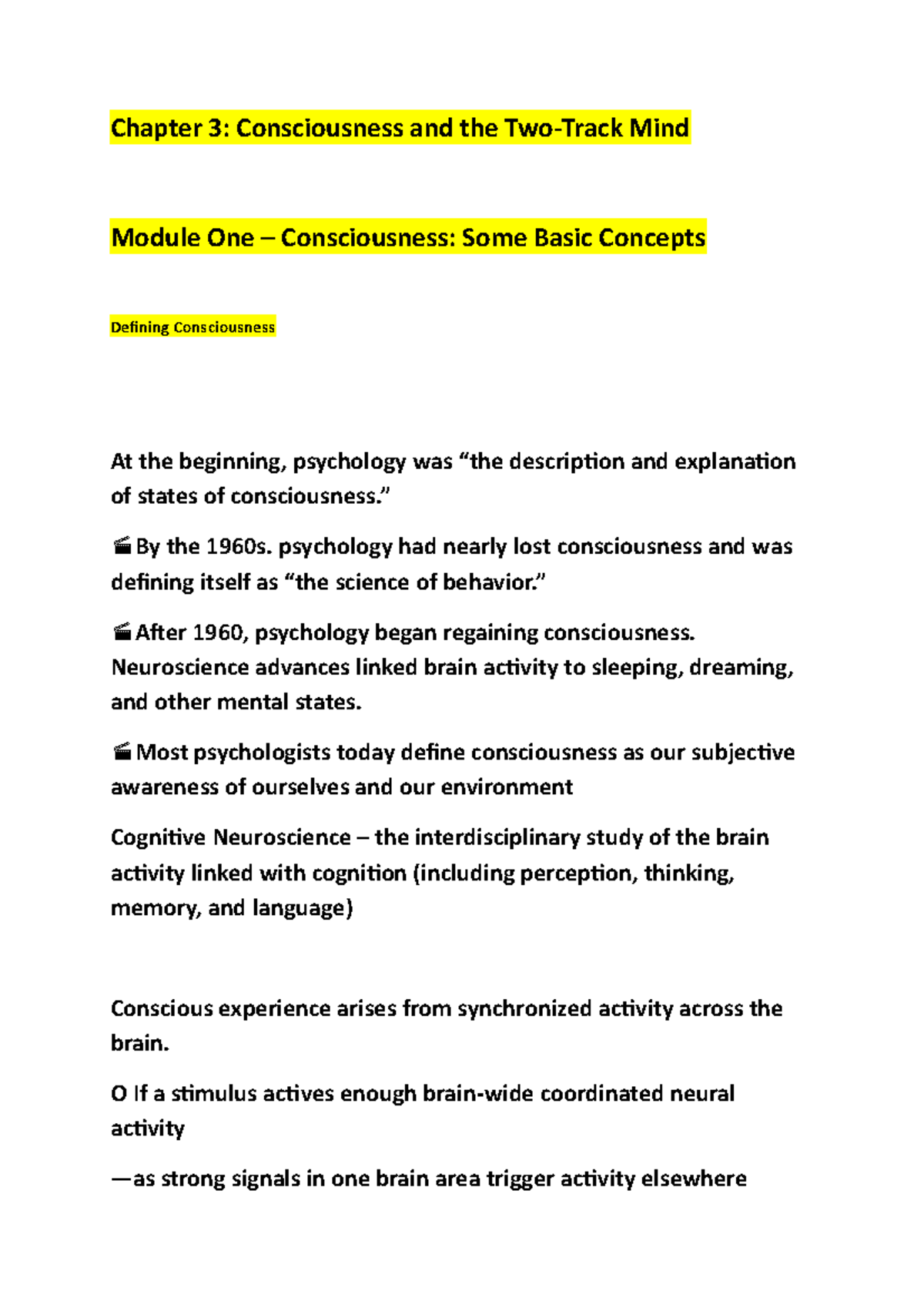 PSYC 2301 - Chapter 3 Notes LN - Chapter 3: Consciousness And The Two ...