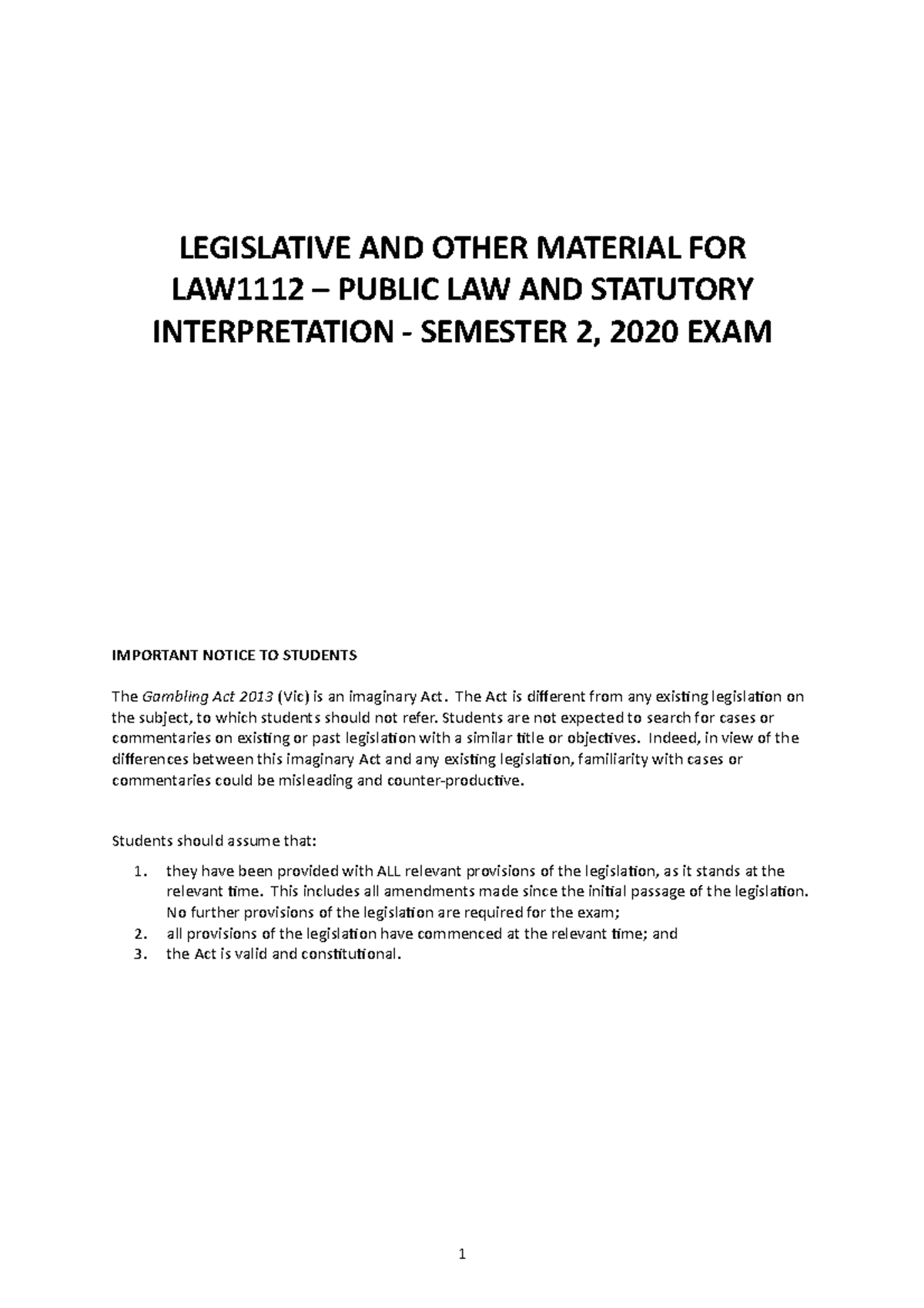 PLSI - Sem 2 2020 - Exam Legislation - LEGISLATIVE AND OTHER MATERIAL ...