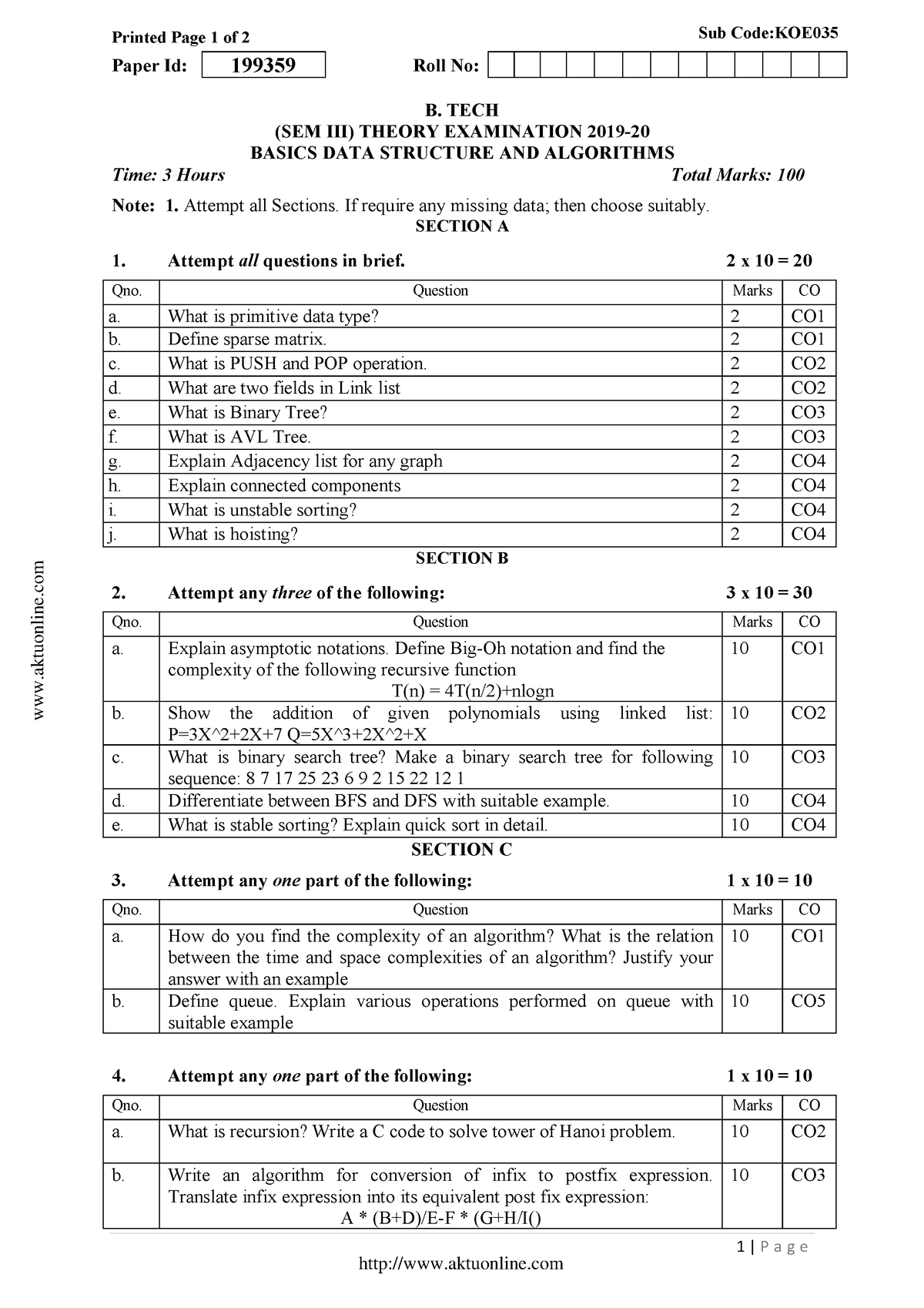 Btech 3 Sem Basics Data Structure And Algorithms Koe035 2020 - Printed ...