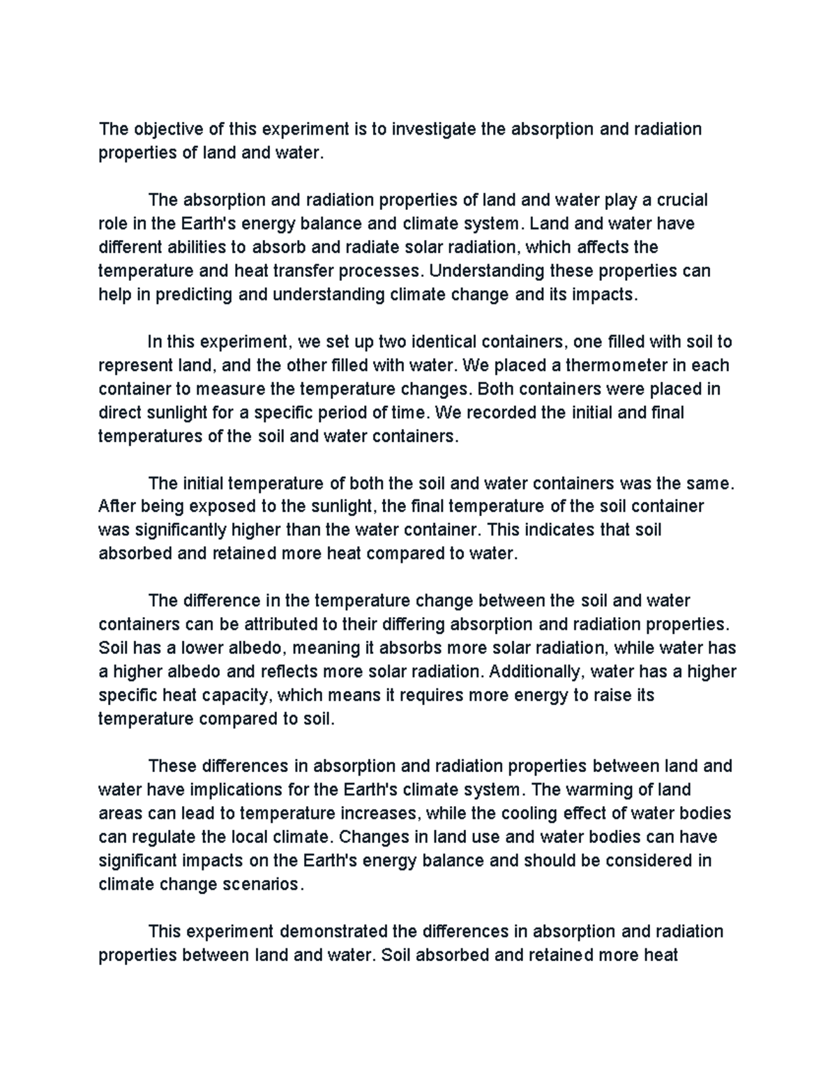 Lab Report on Absorption and Radiation by Land and Water The