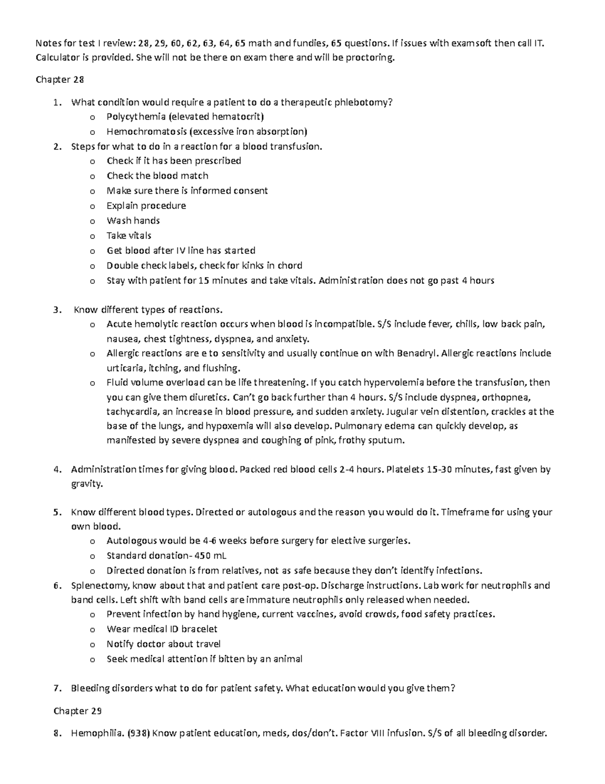 Notes for test I review - If issues with examsoft then call IT ...