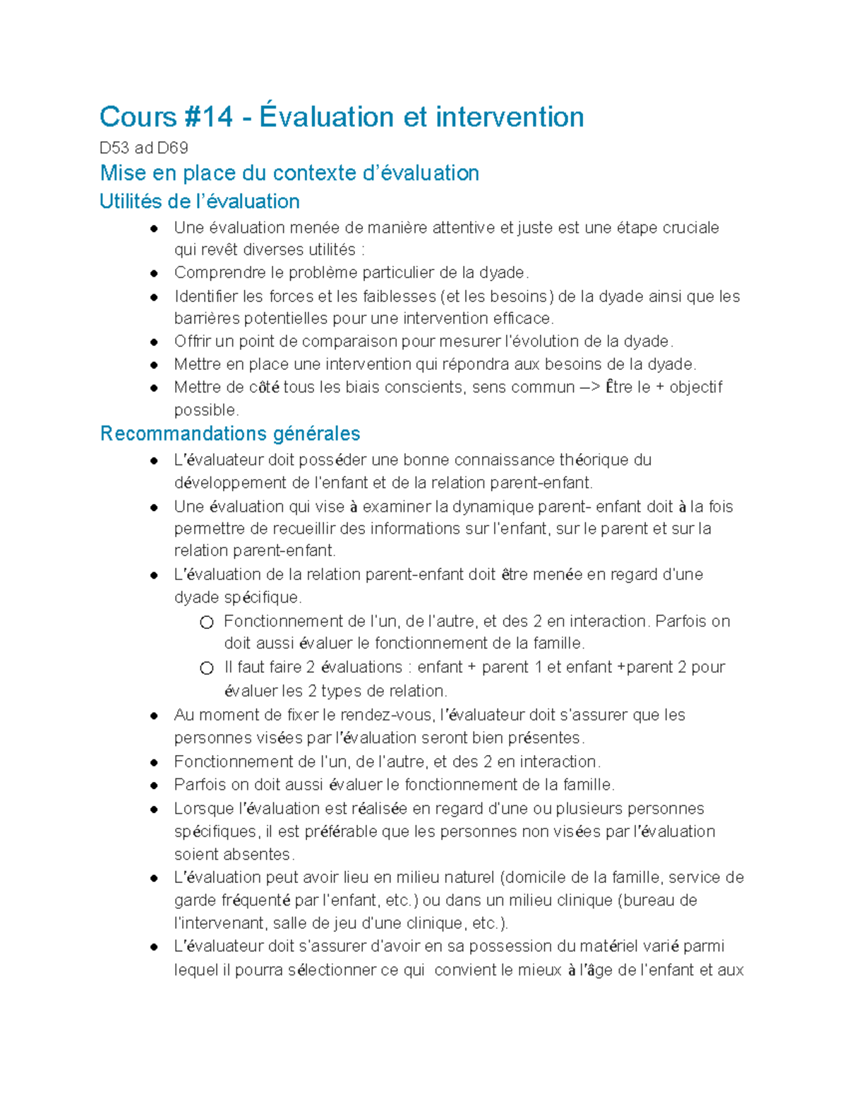 PSY3099 - Notes Cours #14 - Cours #14 - Évaluation et intervention D53 ...