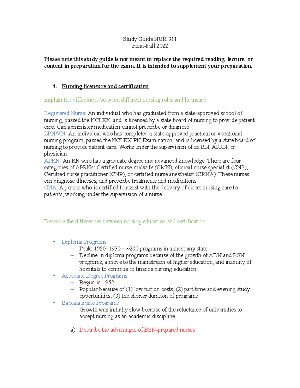 Study Guide-NUR311-Final-Fall 2022 - Study Guide NUR 311 Final-Fall ...