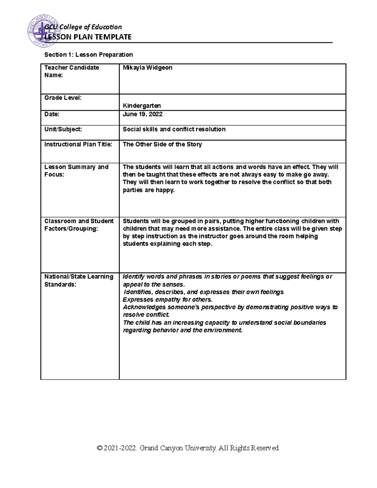 Conflict resolution lesson plan - LESSON PLAN TEMPLATE Section 1 ...