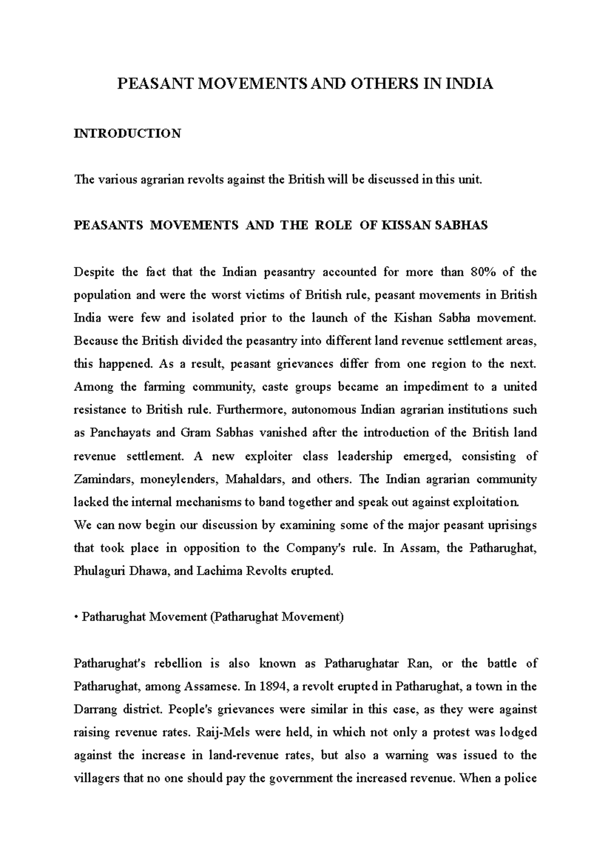 Peasant Movements AND Others IN India PEASANT MOVEMENTS AND OTHERS IN